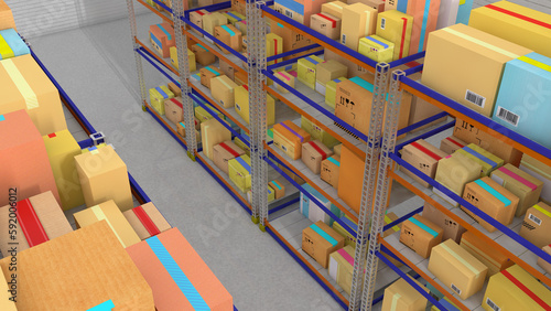 Warehouse with iron racks and boxes on them. 3d render