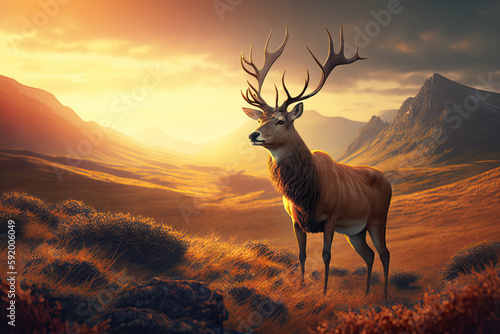 A red deer buck with impressive antlers standing proudly on a hilltop at sunset. Generative AI © Postproduction