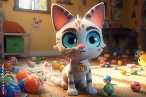 Cute Cartoon Cat With Big Eyes And Staring Upwards With A Room Of Toys. Generative AI