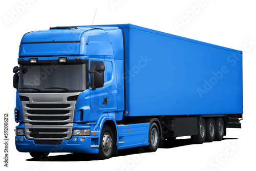 A modern European truck with a cab and semi-trailer in full light blue. Front side view isolated on white background.