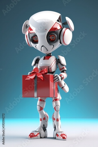 Cute Cartoon Cyborg With Very Big Eyes With A Big Gift Box. Generative AI