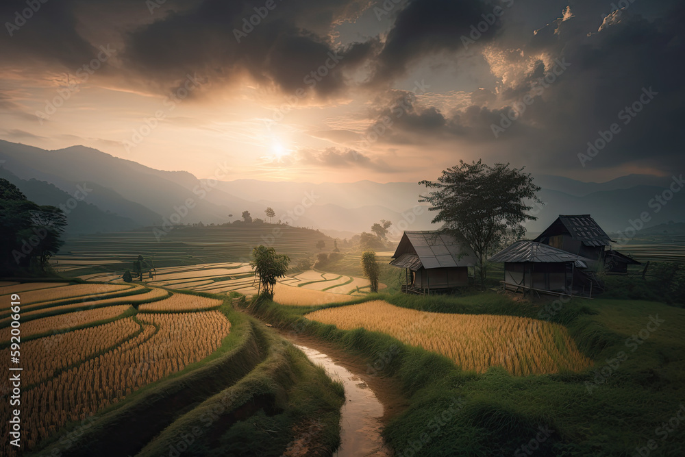 A Traditional Asian Village with Rolling Mountains and Blue Skies as Backdrop Created Using Generative Ai A Traditional Asian Village with Rolling Mountains and Blue Skies as Backdrop Created Using Generative Ai