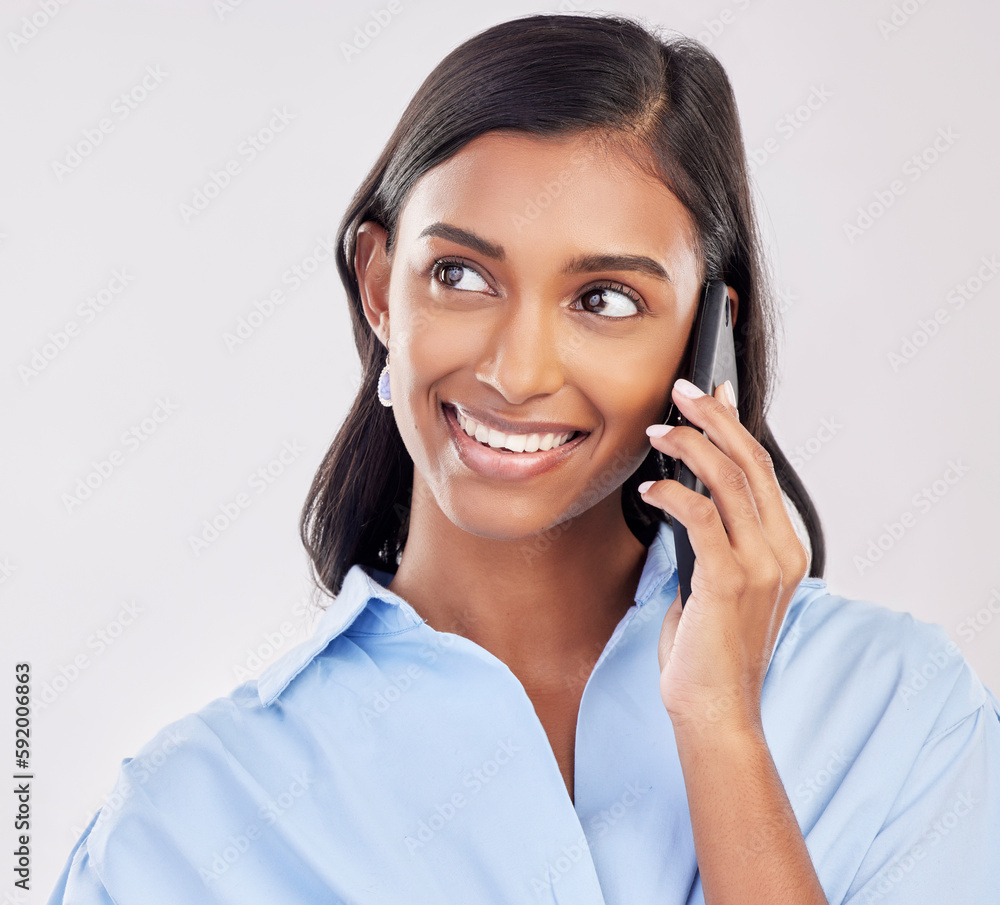 Business woman, phone call with smile and communication, deal and networking with contact on studio background. Happy, Indian female, conversation on company cellphone with technology and connection Business woman, phone call with smile and communication, deal and networking with contact on studio background. Happy, Indian female, conversation on company cellphone with technology and connection