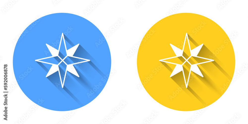 White Wind rose icon isolated with long shadow background. Compass icon for travel. Navigation design. Circle button. Vector White Wind rose icon isolated with long shadow background. Compass icon for travel. Navigation design. Circle button. Vector
