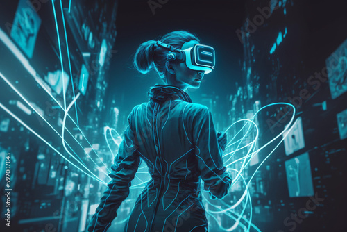 Woman Walking in Virtual Reality Glasses, Generative Ai
