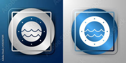 White Ship porthole with rivets and seascape outside icon isolated on blue and grey background. Silver and blue square button. Vector