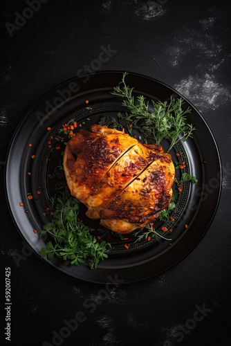 Mouthwatering Goodness: Top-View of Spicy Grilled Chicken Created Using Generative Ai