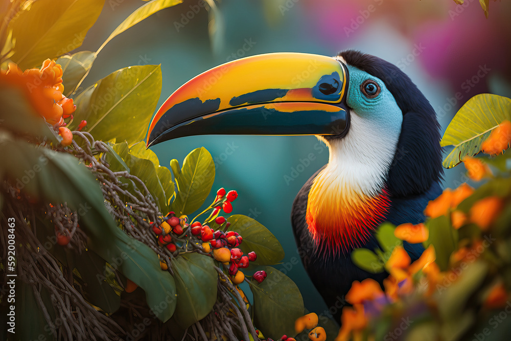 Fototapeta premium Toucan bird sitting on bunch with colorful tropical flowers. Nature travel. Wildlife. Generative AI