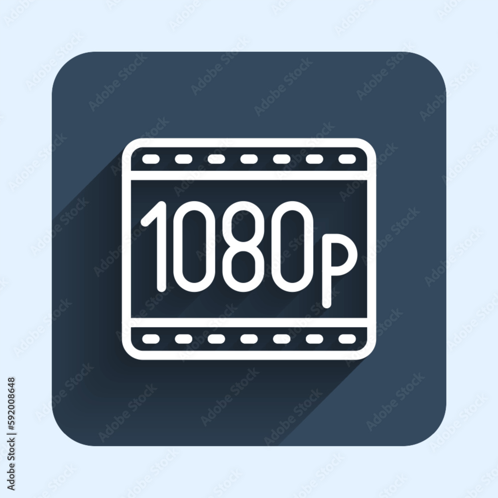 White line Full HD 1080p icon isolated with long shadow background. Blue square button. Vector White line Full HD 1080p icon isolated with long shadow background. Blue square button. Vector