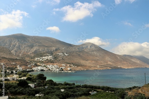 view of Aegiali village with the surrounding mountains and the bay on the island of Amorgos  Greece 