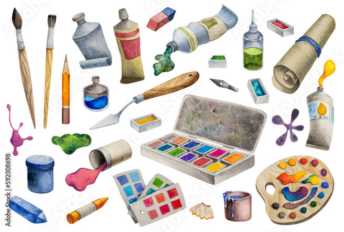 Hand-drawn watercolor illustration using the artist's tools: paints, tubes, palettes, pencils, brushes and others. A large set of Artist's Tools highlighted on a white background