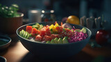 Organic food: tuna poke bowl with rice, fresh cucumbers, red cabbage and avocado close-up. horizontal. generative ai