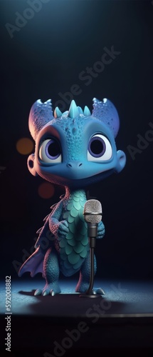 Cute Cartoon Dragon With Very Big Eyes Singing Stage A Grand Stage With A Spotlight Shining A Solo Character. Generative AI © Ян Заболотний