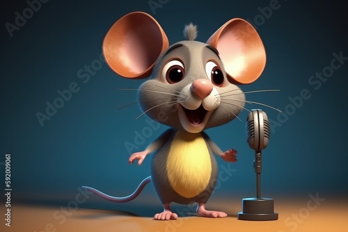 Cute Cartoon Mouse With Very Big Eyes Hosts A Radio Show. Generative AI