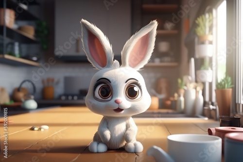 Cute Cartoon Rabbit With Very Big Eyes And A Pitying Look Of The Kitchen. Generative AI