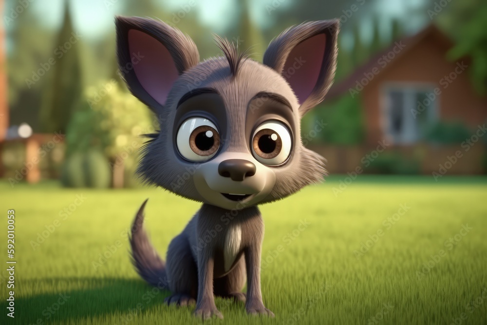 Cute Cartoon Wolf With Very Big Eyes And A Pitying Look The Background Of The Lawn. Generative AI