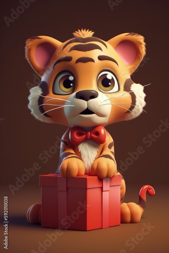 Cute Cartoon Tiger With Very Big Eyes With A Big Gift Box Red Bow. Generative AI