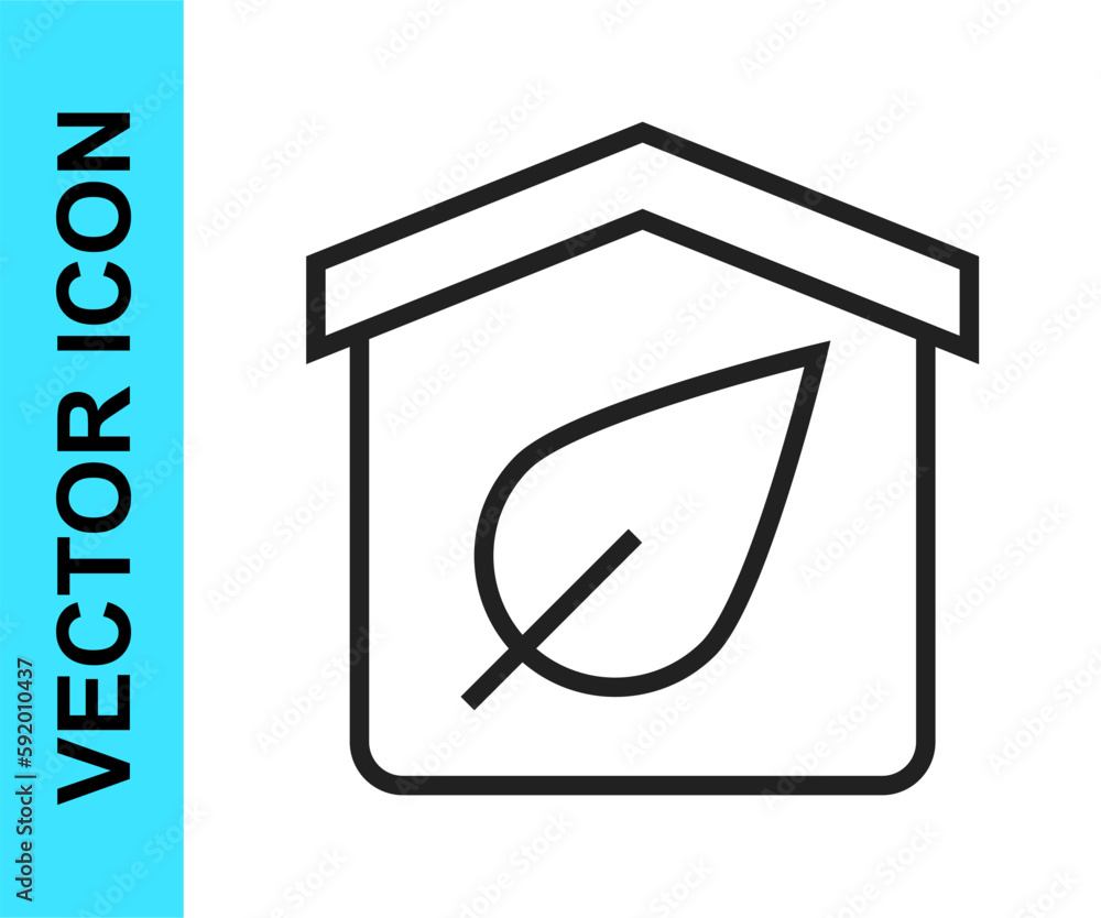 Black line Eco friendly house icon isolated on white background. Eco house with leaf. Vector Black line Eco friendly house icon isolated on white background. Eco house with leaf. Vector