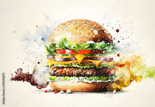 Watercolor burger, creative design. Burger illustration. A painting of a hamburger with lettuce, tomato, and lettuce. Generative AI	