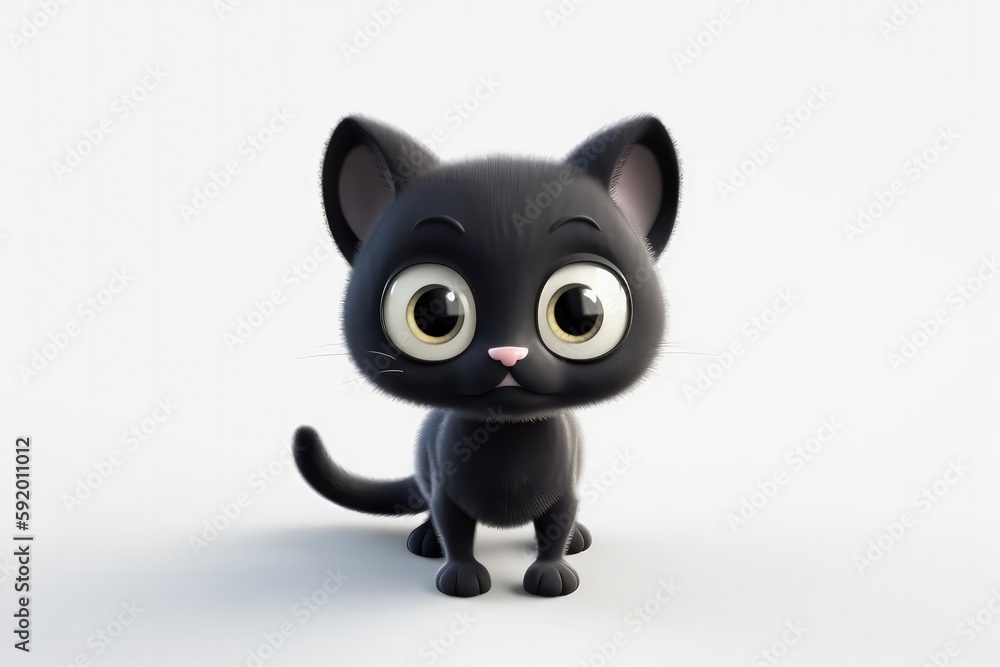 Cute Cartoon Panther Cat With Very Big Eyes White Background. Generative AI