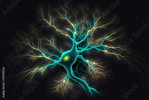 Illustration of neuron cell with light pulses on a dark background. AI generative.