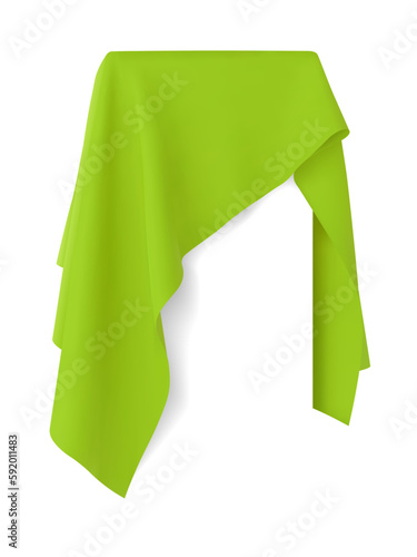 Green fabric covering a blank template for mobile phone, painting, or any other rectangular object or your design. Concept of new release, unveiling. Vector illustration, isolated on white