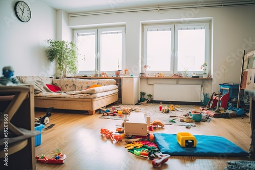 Messy Living Room - Kids' Toys Everywhere. Photo generative AI
