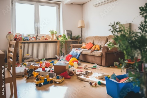 Messy Living Room - Kids' Toys Everywhere. Photo generative AI