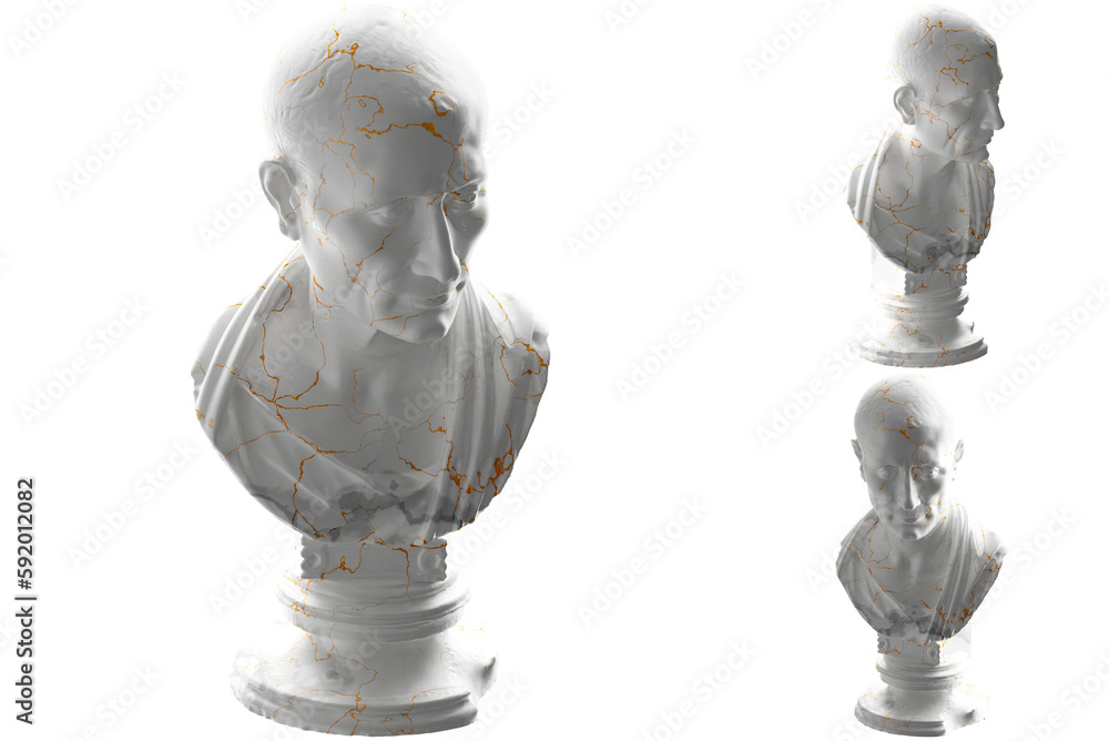 A stunning white marble and gold 3D render of The Caesar bust, for apparel, streetwear, album covers.