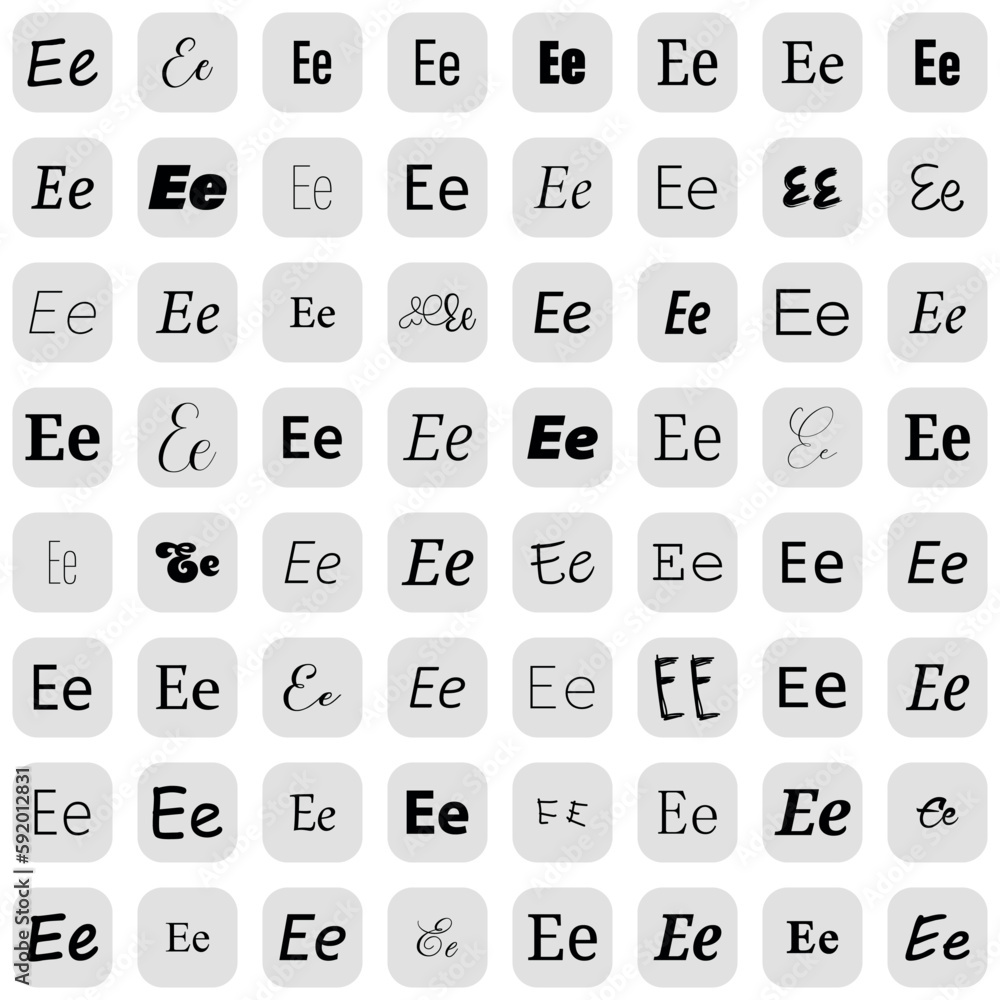 Letter E in different fonts on white background. Type design collection on grey buttons. Vector illustration. Letter E in different fonts on white background. Type design collection on grey buttons. Vector illustration.