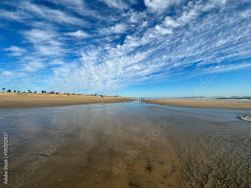 wide-angle photo of California beach on a sunny day