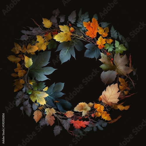 Round frame  wreath of autumn leaves. Generated AI