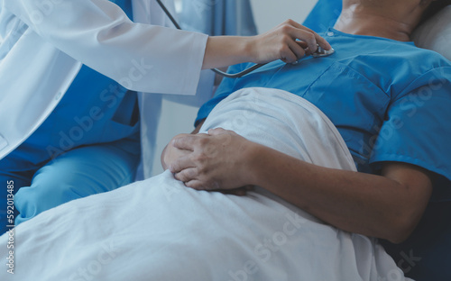 Women Asian doctors hold the patient hand and encourage and provide medical advice While checking the patient health in bed. Concept of Care and compassion, antenatal care, Threatened abortion