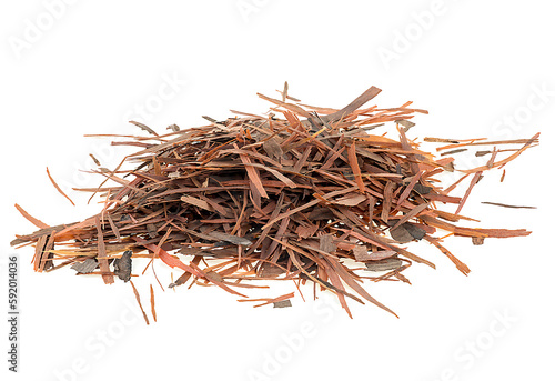 Pile of natural Taheeboo dry tea isolated on a white background. Lapacho herbal tea. photo