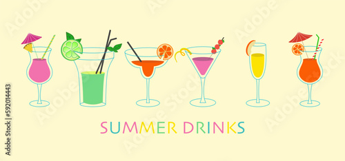 Set of fresh colorful cocktails. Summer drinks.