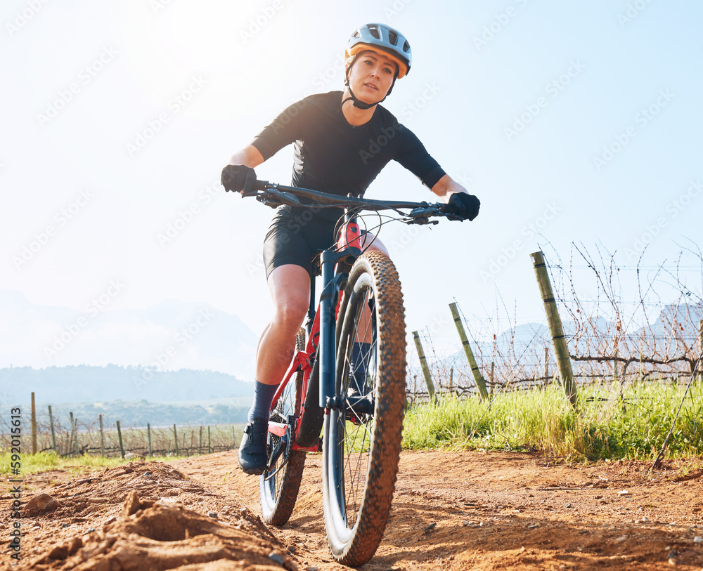 Portrait, fitness and woman with a bicycle, outdoor and training for wellness, competition and workout. Face, female athlete or biker cycling, adventure and practice for marathon and countryside trip Portrait, fitness and woman with a bicycle, outdoor and training for wellness, competition and workout. Face, female athlete or biker cycling, adventure and practice for marathon and countryside trip