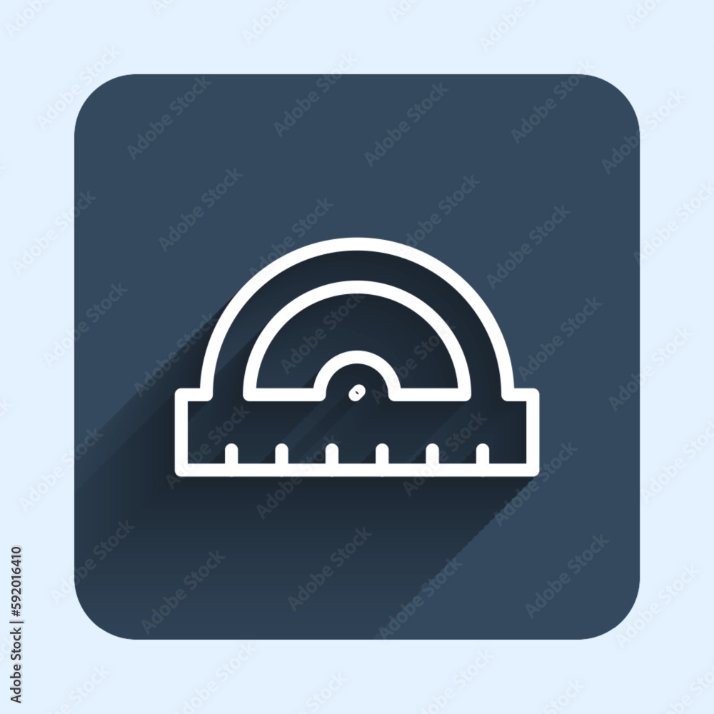 White line Protractor grid for measuring degrees icon isolated with long shadow background. Tilt angle meter. Measuring tool. Geometric symbol. Blue square button. Vector White line Protractor grid for measuring degrees icon isolated with long shadow background. Tilt angle meter. Measuring tool. Geometric symbol. Blue square button. Vector