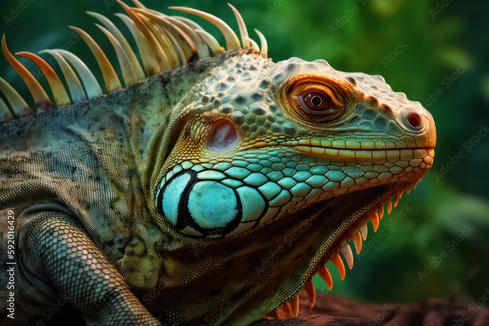 Brightly colored tropical iguana. Generative AI Brightly colored tropical iguana. Generative AI