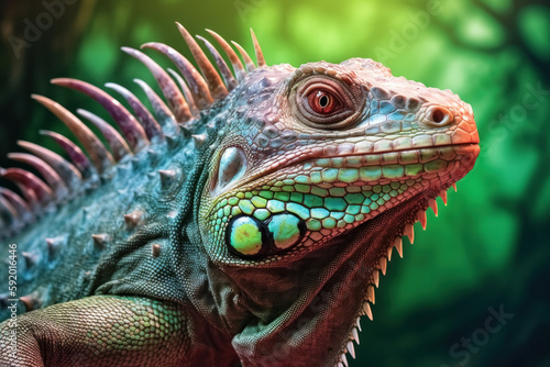 Brightly colored tropical iguana. Generative AI © quickshooting