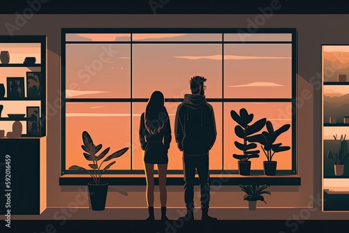 couple admiring the city skyline through a window. Generative AI