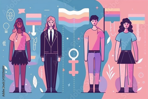 Transgenders with trans symbols and colors. Genderqueer and crossdressers rights concept. LGBTQ+ equality and pride flat illustration set. Social and medical transition. Generative IA photo