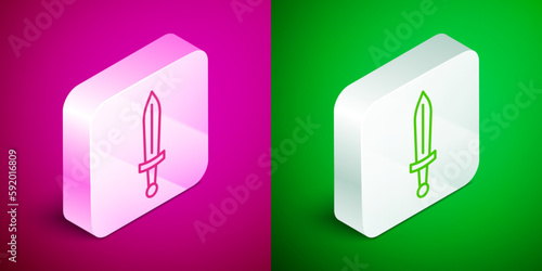 Isometric line Medieval sword icon isolated on pink and green background. Medieval weapon. Silver square button. Vector