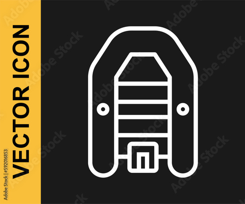 White line Inflatable boat with outboard motor icon isolated on black background. Vector