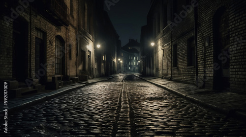Fotografia, Obraz Dark and scary vintage cobblestone brick city alley at night in Chicago, Generat