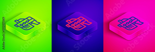 Isometric line Futuristic space gun blaster icon isolated on green, blue and pink background. Laser Handgun. Alien Weapon. Square button. Vector