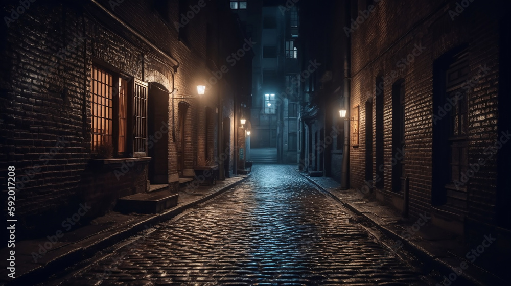 Dark and scary vintage cobblestone brick city alley at night in Chicago, Generative Ai - obrazy, fototapety, plakaty 