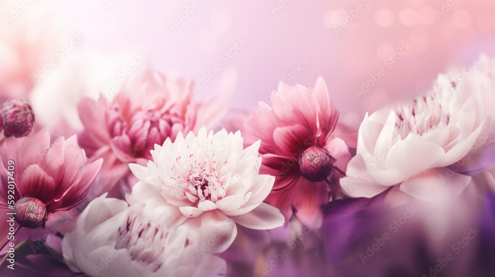 Abstract floral backdrop of purple flowers over pastel colors with soft style for spring or summer time. Banner background with copy space. generative ai