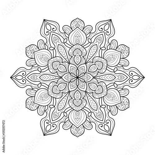 Decorative ornamental hand drawn detailed mandala design coloring page illustration