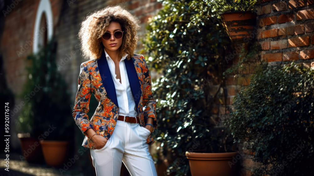 woman wearing a classic navy blazer, paired with a bright, patterned shirt, Generative AI