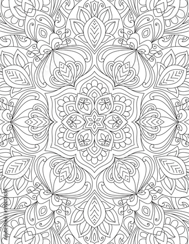 Decorative ornamental hand drawn detailed mandala design coloring page illustration